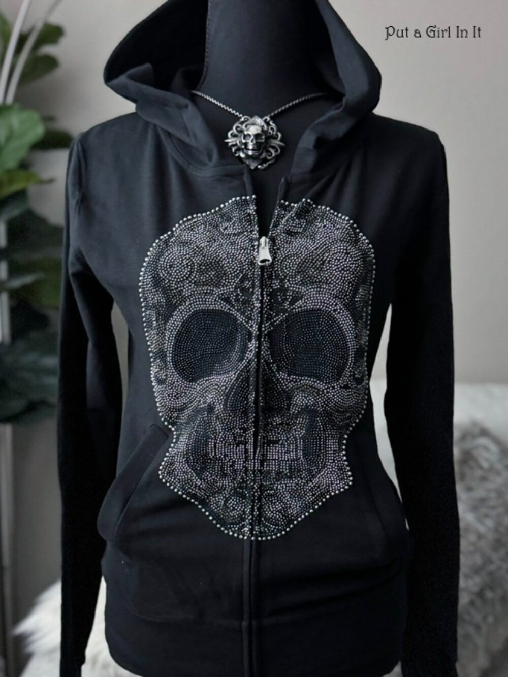 New Women's Plus Size Black Crystal Sugar Skull Hoodie Zip Biker Jacket 1X 2X 3X